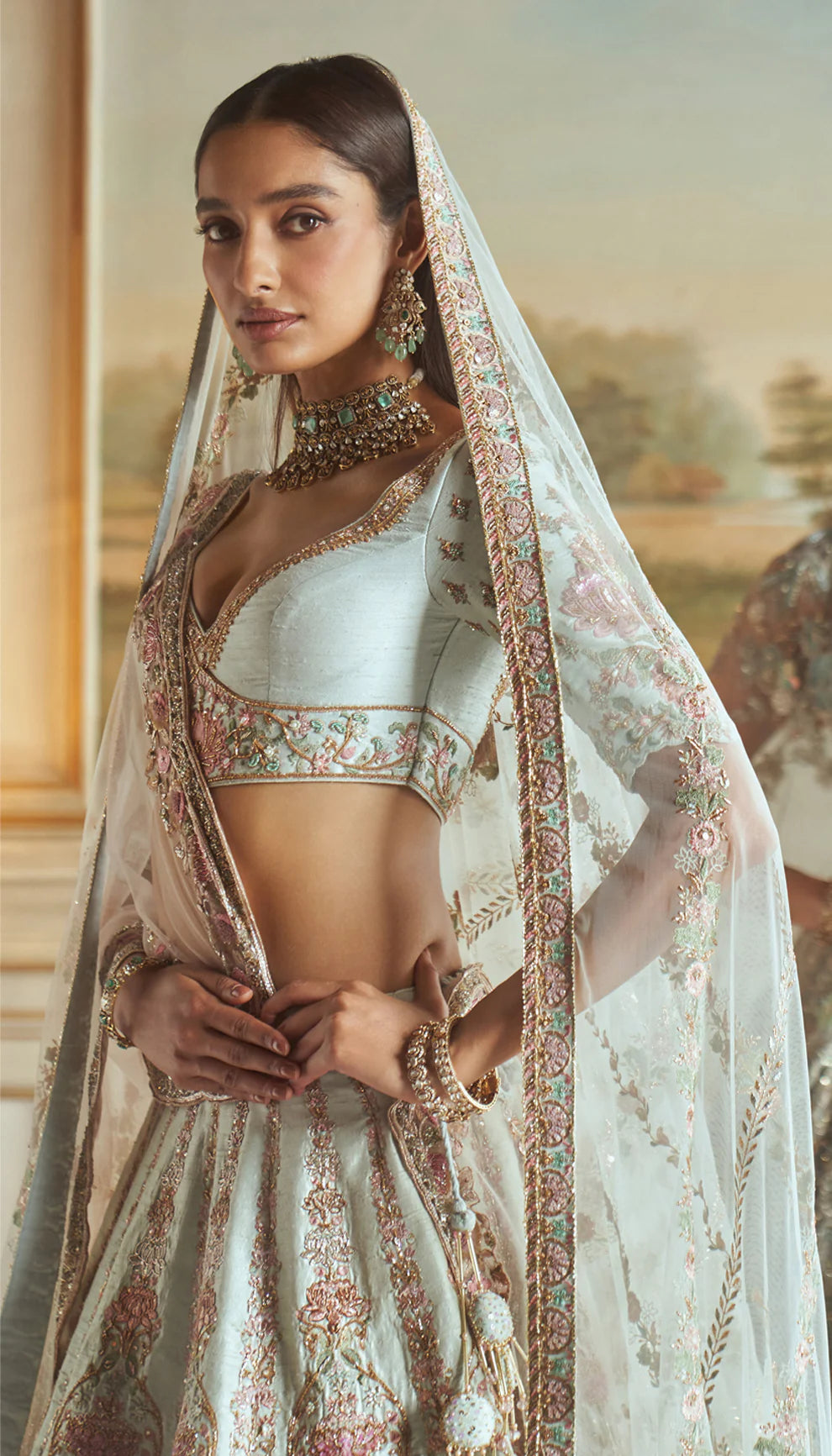 Iceberg blue, raw silk lehenga, lotus motifs, applique, zardozi embroidery, detailed, sky blue, raw silk, matching choli, tulle net dupatta, light blue bridal lehenga, weddings, festive celebrations, evening receptions, destination wedding, sangeet, reception, designer lehenga, light blue lehenga, designer blue lehenga