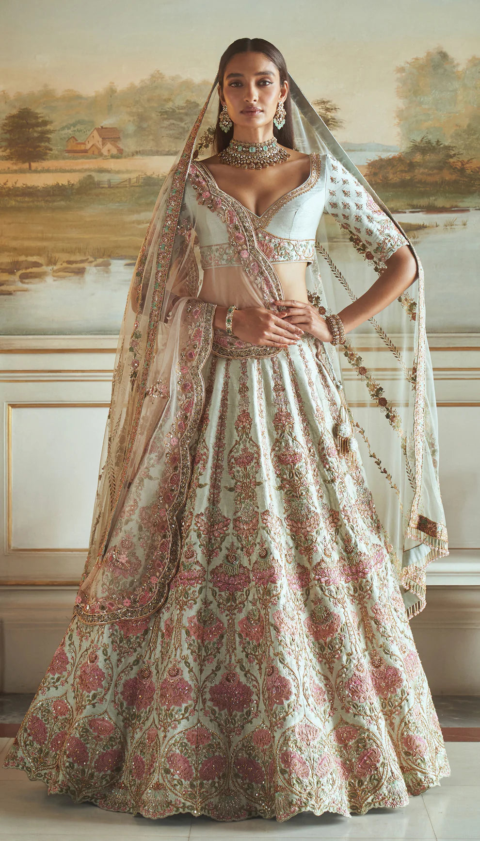 Iceberg blue, raw silk lehenga, lotus motifs, applique, zardozi embroidery, detailed, sky blue, raw silk, matching choli, tulle net dupatta, light blue bridal lehenga, weddings, festive celebrations, evening receptions, destination wedding, sangeet, reception, designer lehenga, light blue lehenga, designer blue lehenga