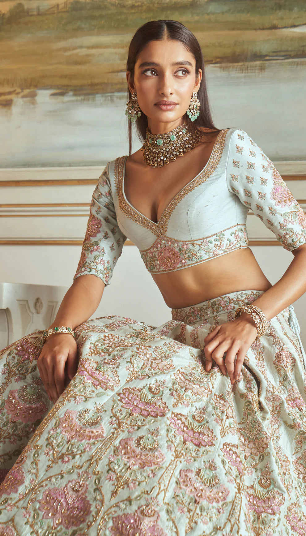 Iceberg blue, raw silk lehenga, lotus motifs, applique, zardozi embroidery, detailed, sky blue, raw silk, matching choli, tulle net dupatta, light blue bridal lehenga, weddings, festive celebrations, evening receptions, destination wedding, sangeet, reception, designer lehenga, light blue lehenga, designer blue lehenga