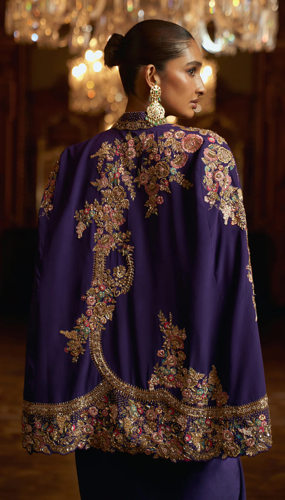 Indigo purple, crepe de chine cape, gold zardozi, resham embroidery, hand- crafted, fluid silk satin, draped skirt, indowestern, wedding, soirees, festive celebrations, evening gatherings