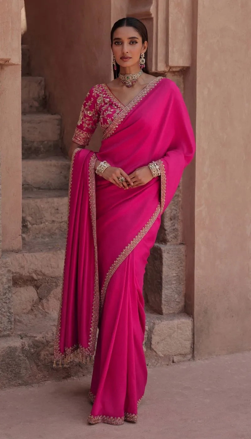 A Rani Pink Silk Dupion Saree