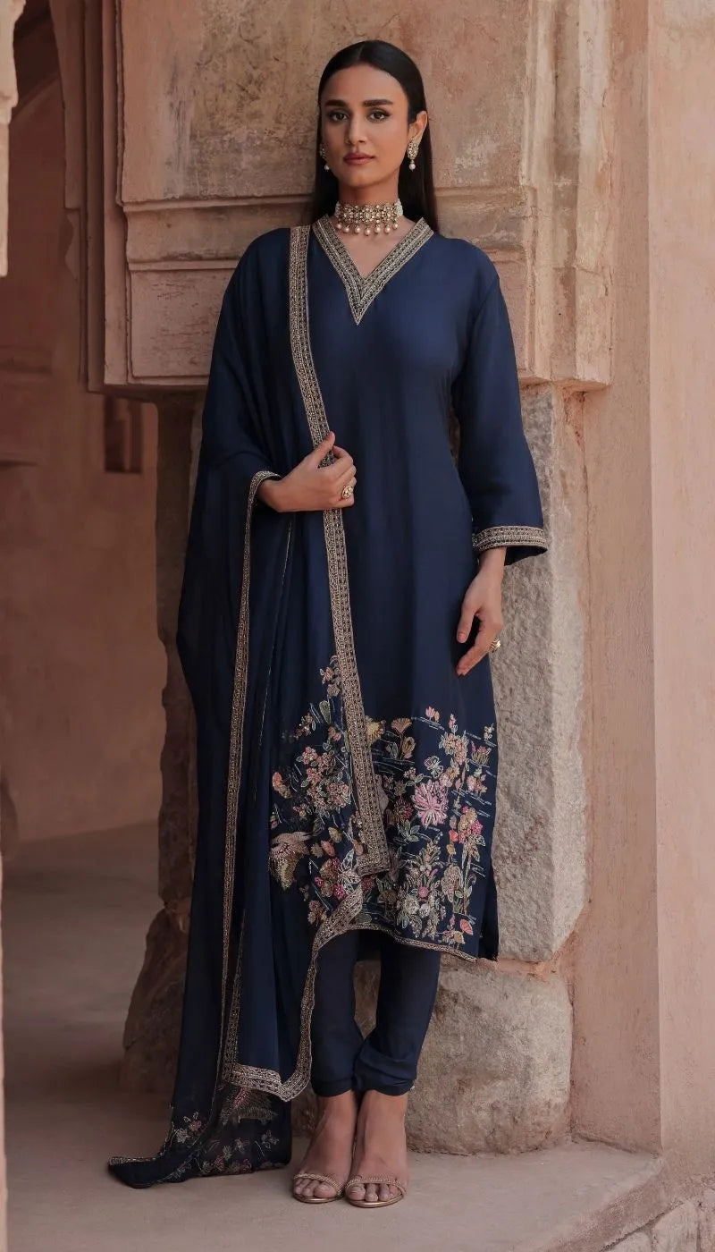 A Midnight Dark Blue Crepe Silk Kurta Set