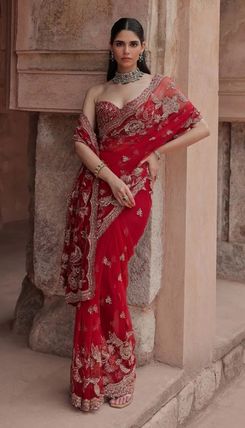 A Crimson Red Tulle Net Saree