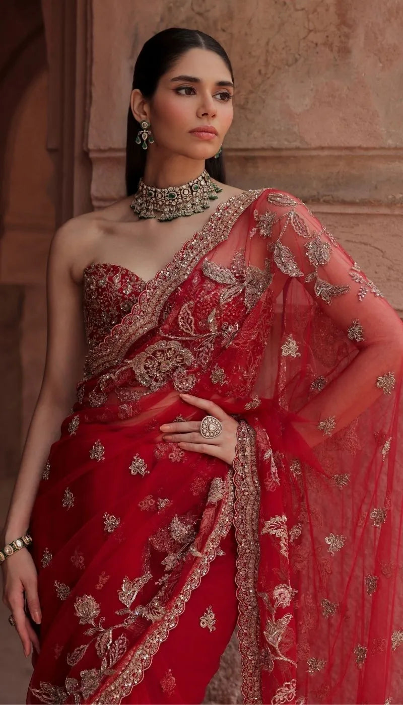 A Crimson Red Tulle Net Saree