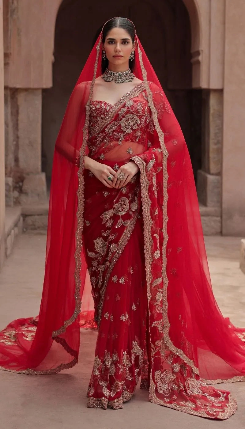 A Crimson Red Tulle Net Saree