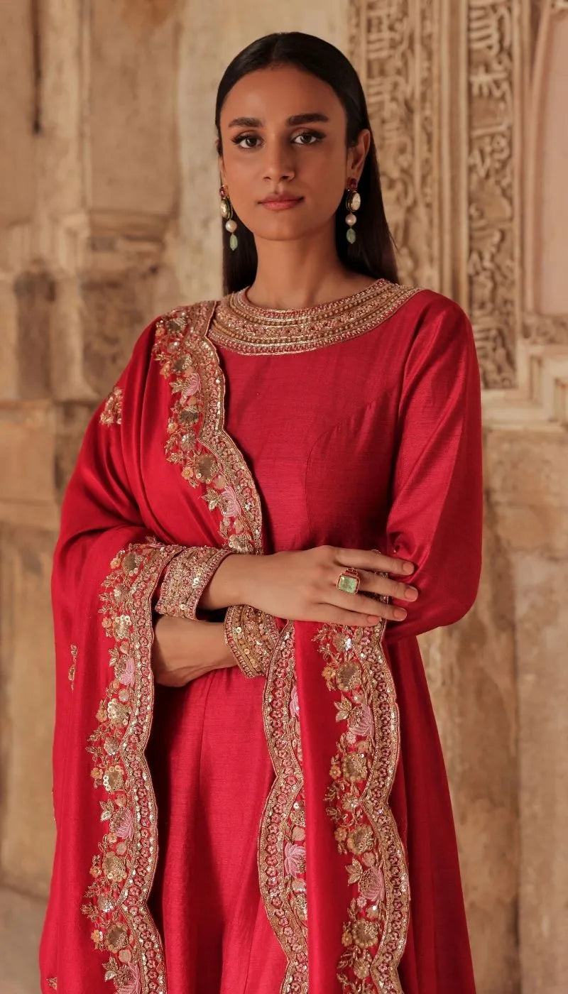 Deep Red Tassar Silk Kalidaar Kurta Set