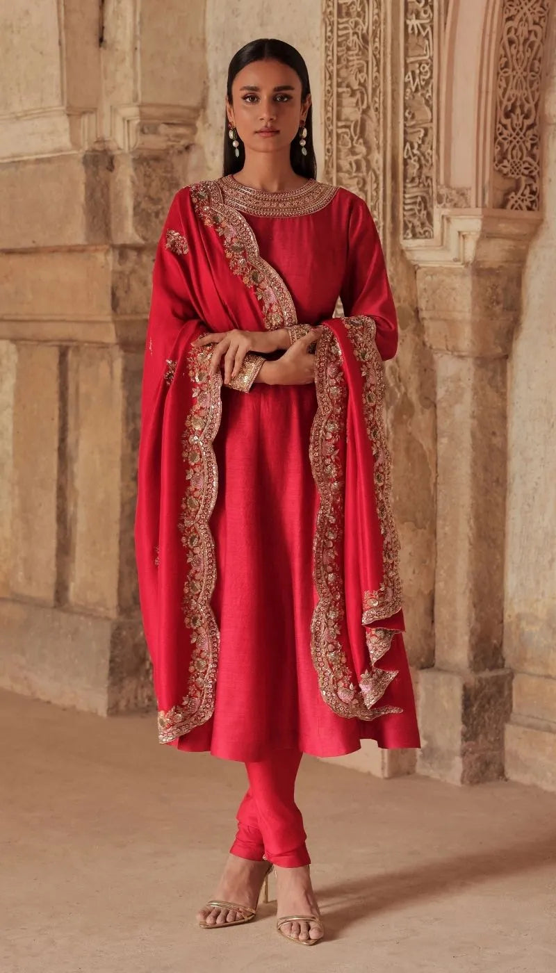 Deep Red Tassar Silk Kalidaar Kurta Set