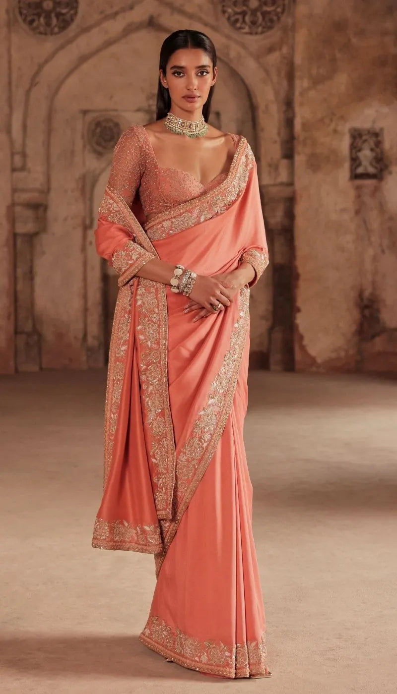 A Sunset Peach Silk Dupion Saree