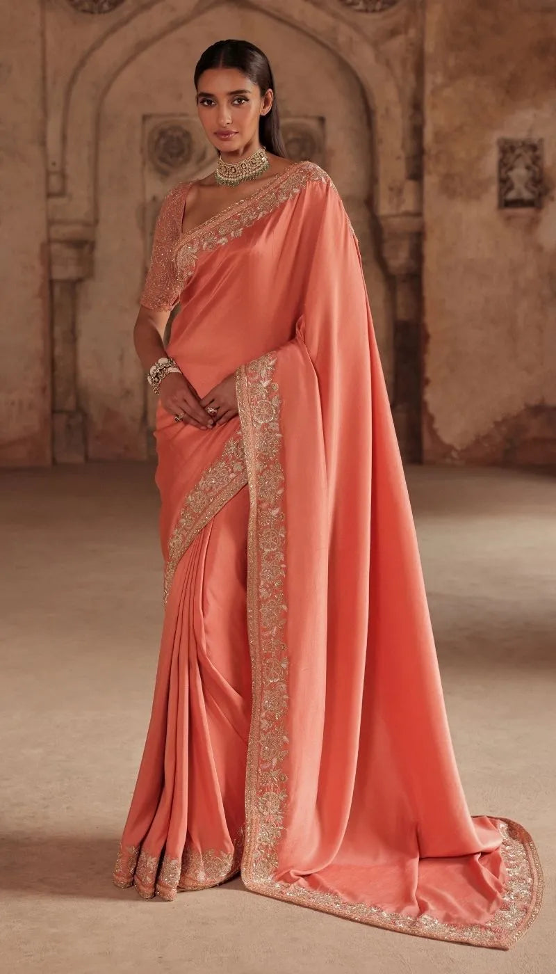 A Sunset Peach Silk Dupion Saree