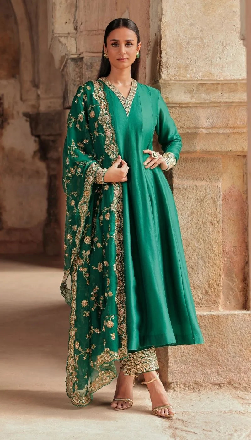 Green Tussar Silk Kalidaar Kurta Set