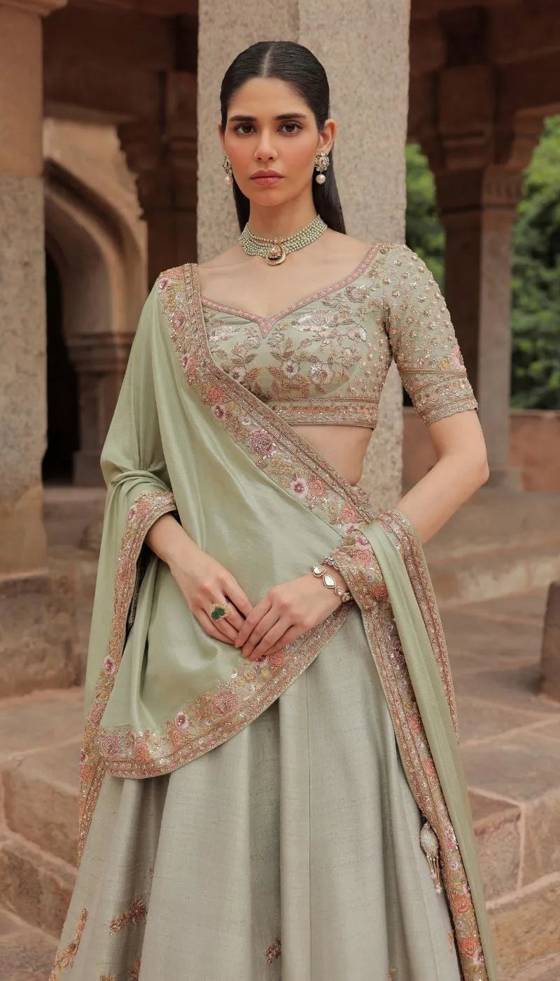 A Sage Green Raw silk Lehenga Set