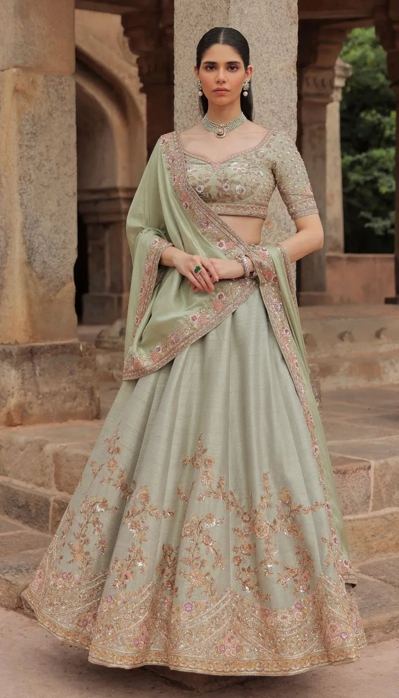 A Sage Green Raw silk Lehenga Set