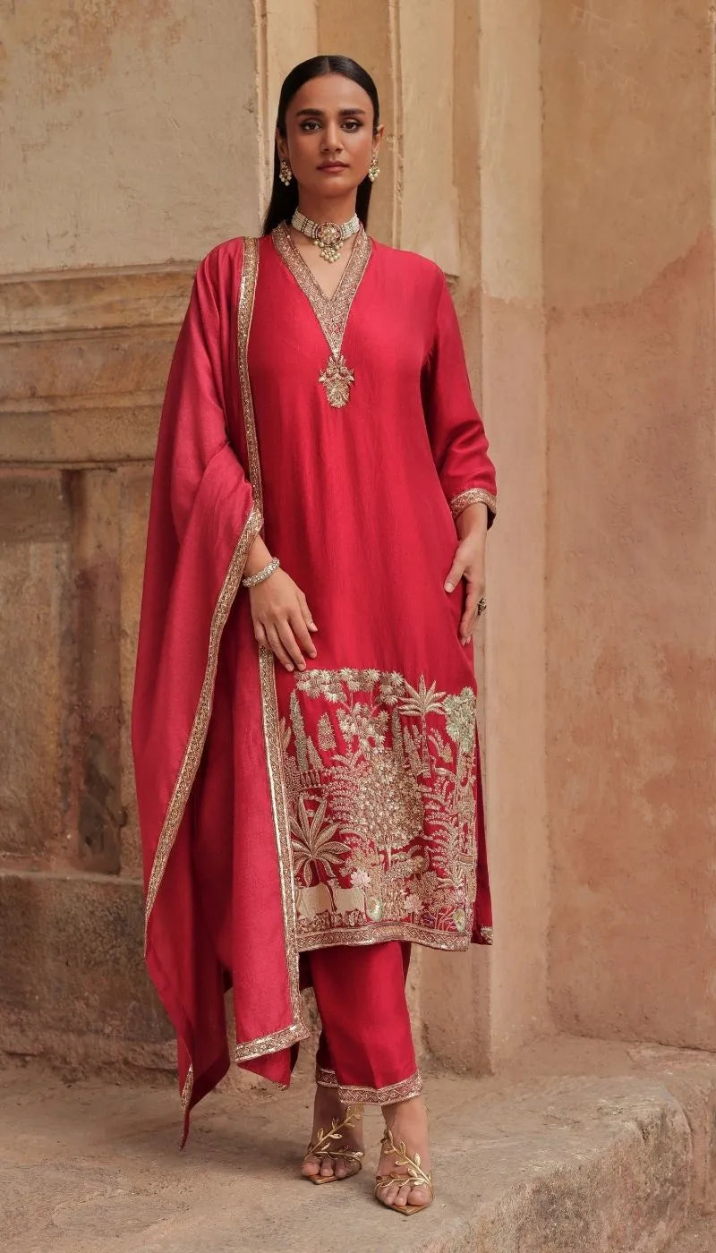 A Deep Red Dupion Silk Kurta Set