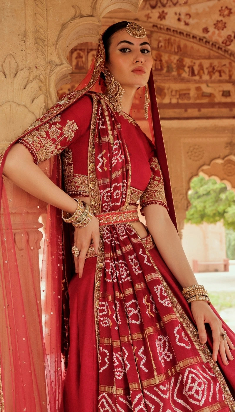 The Vanya Lehenga with Bandhani Dupatta and Tulle Head Veil