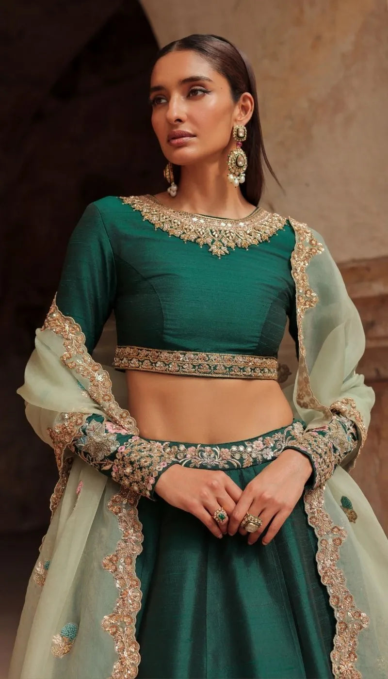 A Forest Green Panelled Raw silk Lehenga Set