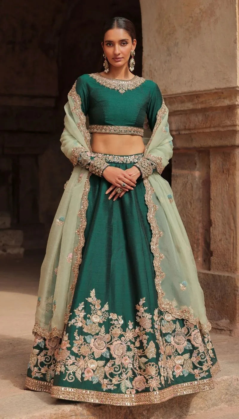 A Forest Green Panelled Raw silk Lehenga Set
