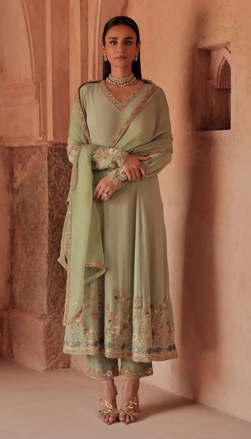Fennel Green Embroidered Kalidaar Kurta Set