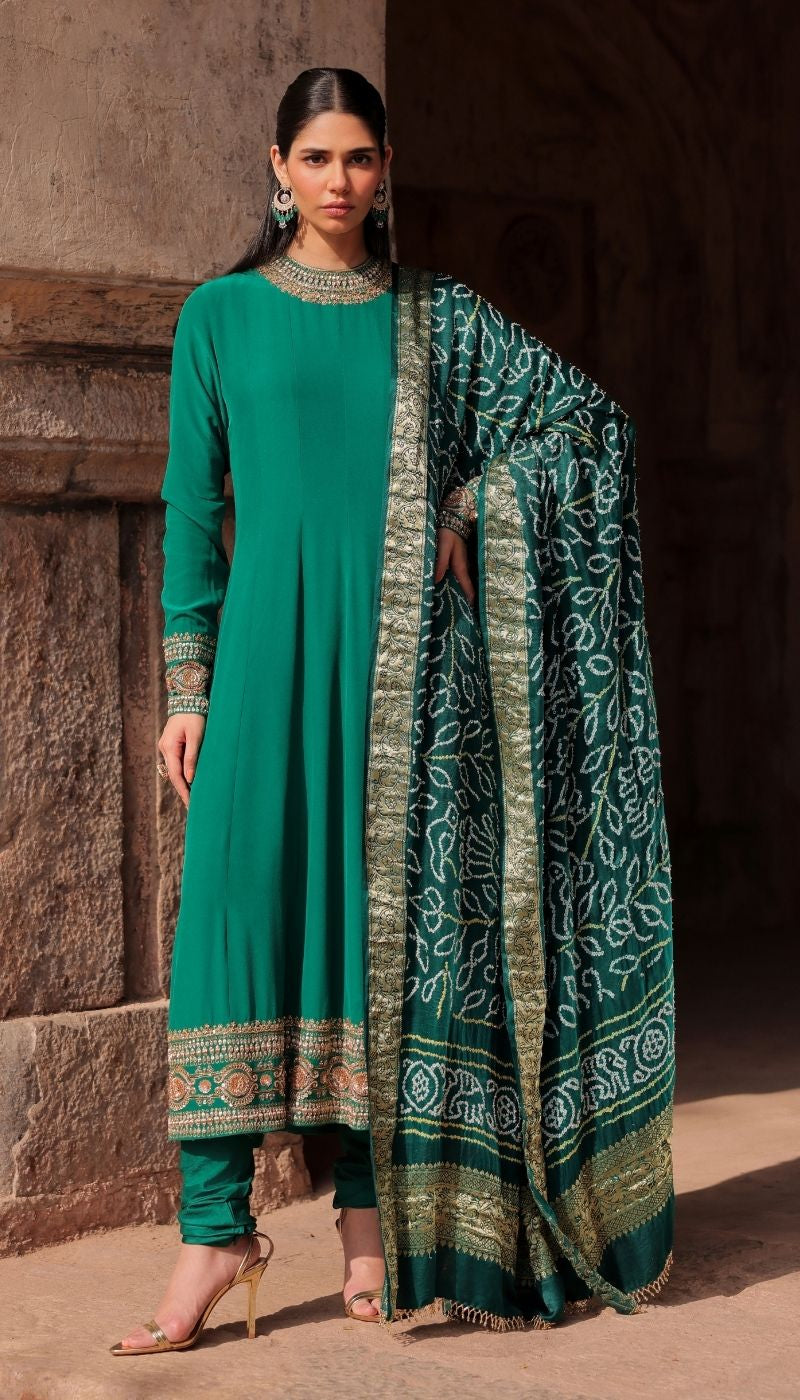 Emerald Green Crepe Silk Kalidaar Kurta Set