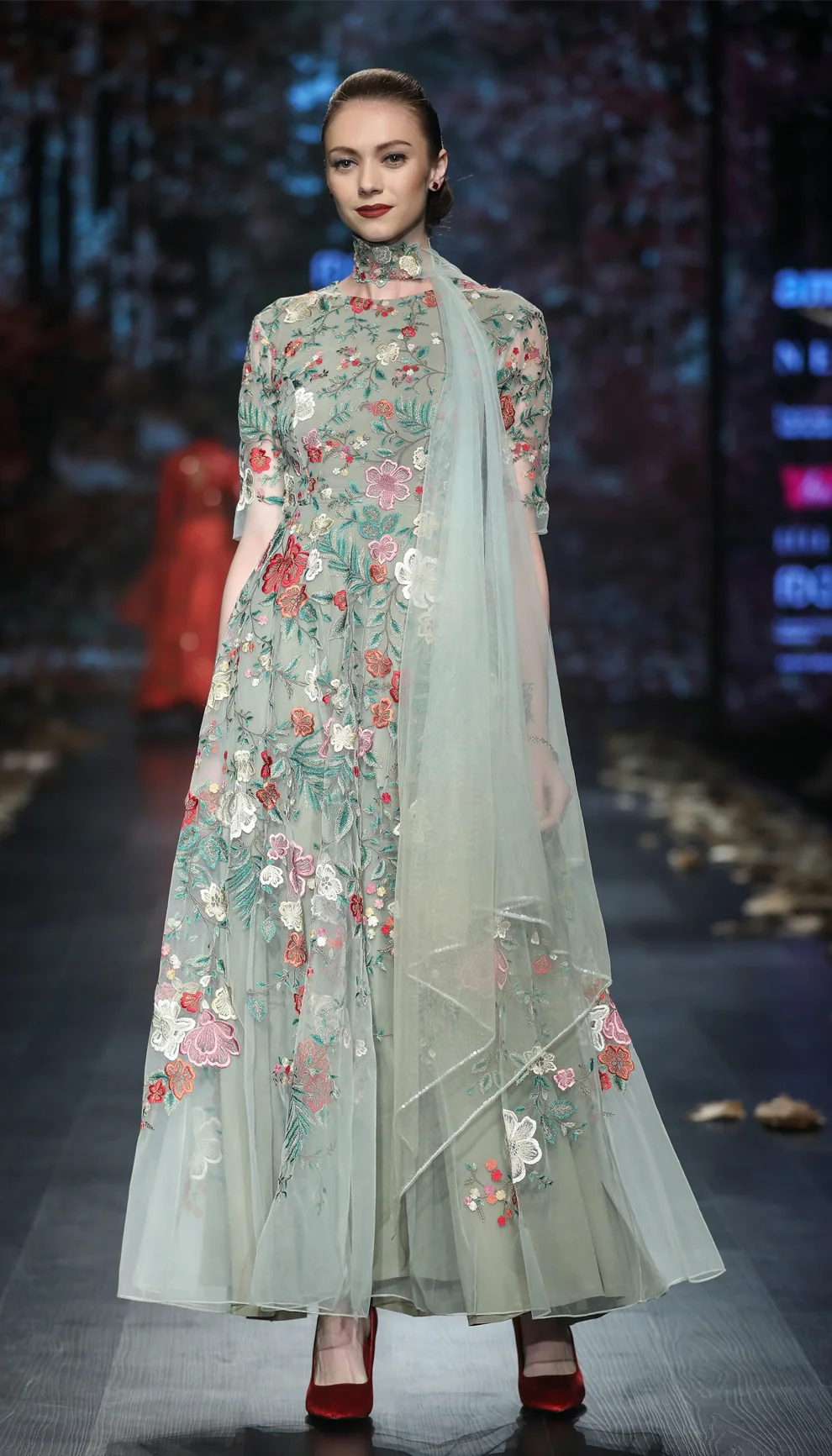 The Olive Green Floral Embroidered Tulle Dress - Shyamal & Bhumika The Olive Green Floral Embroidered Tulle Dress - Shyamal & Bhumika