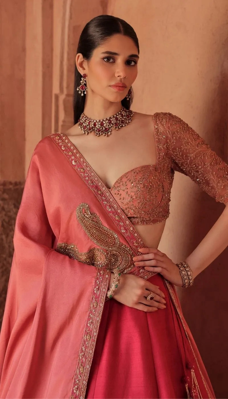 A Rose Pink Panelled Raw silk Lehenga Set