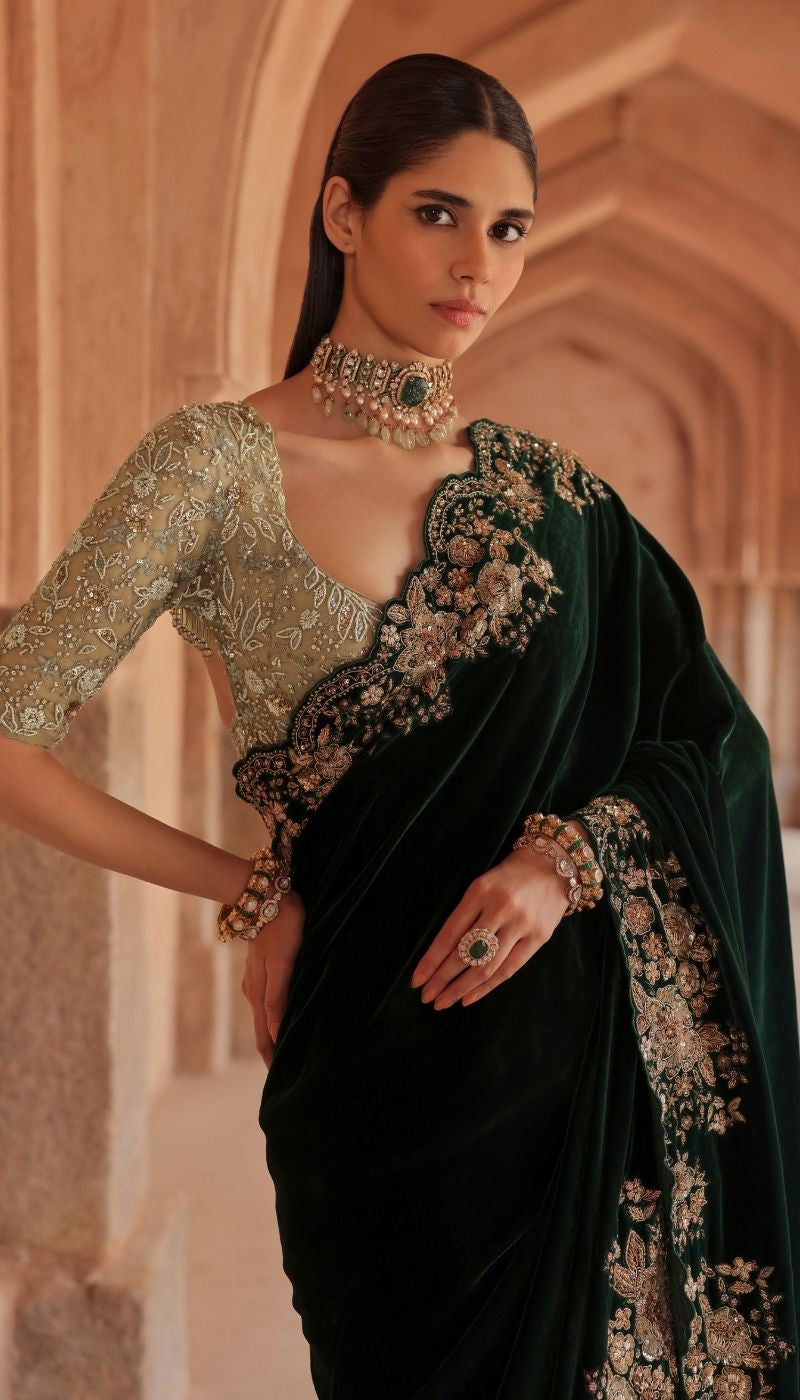 An Emerald Green Velvet Saree