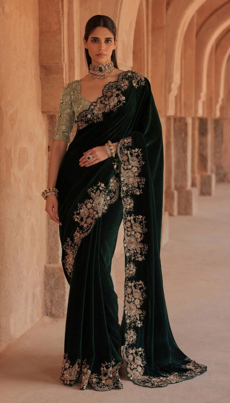 An Emerald Green Velvet Saree