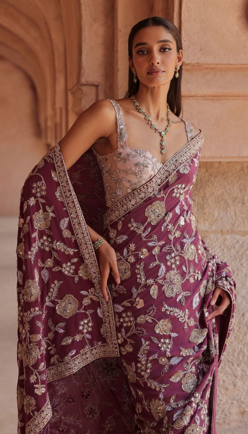 An Aubergine Silk Crepe Saree
