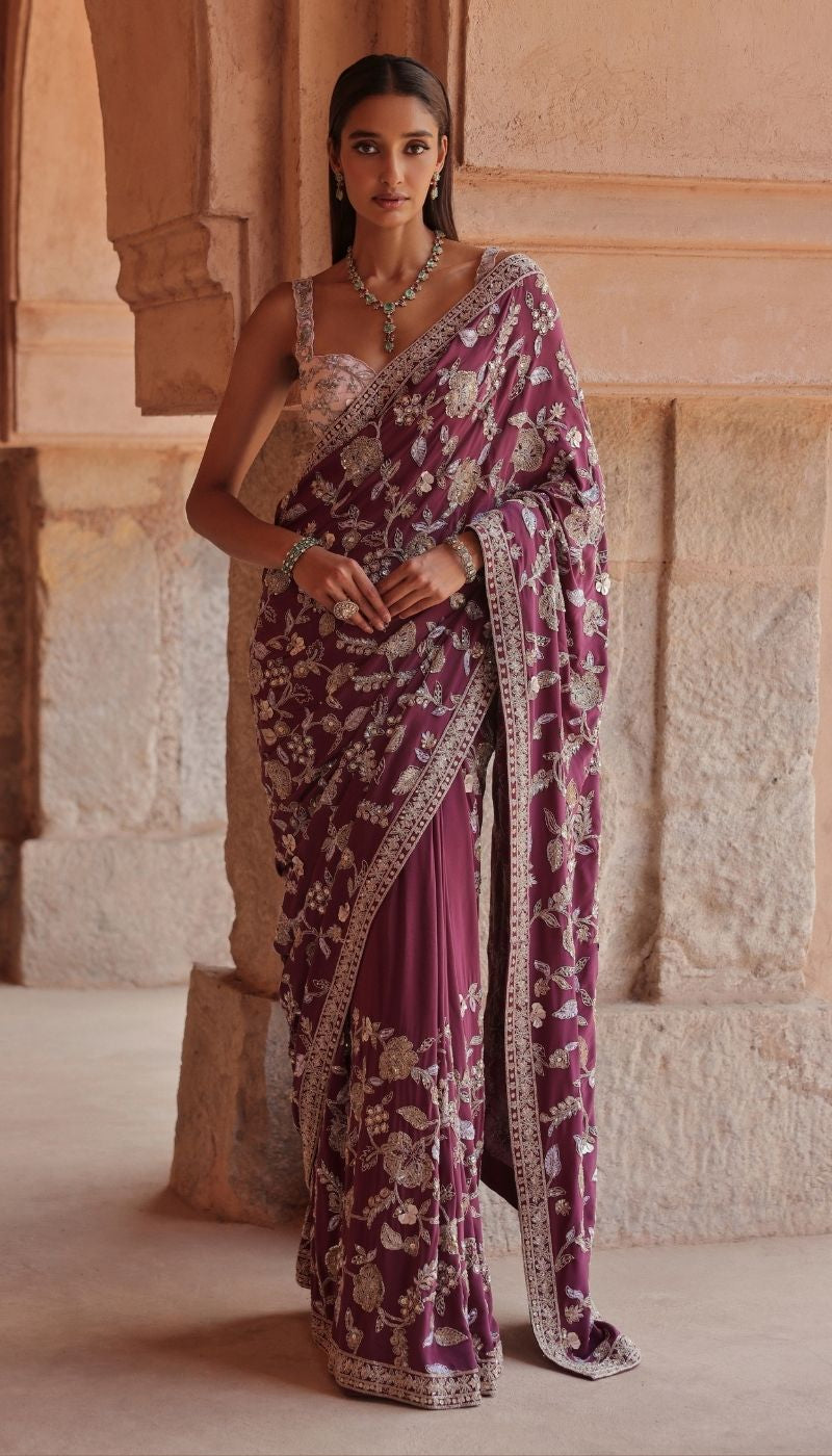 An Aubergine Silk Crepe Saree