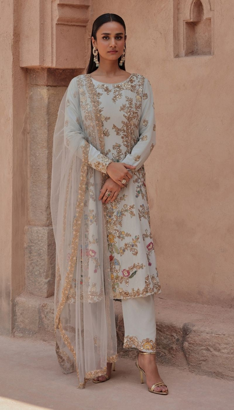 A Powder Blue Crepe Silk Kurta Set