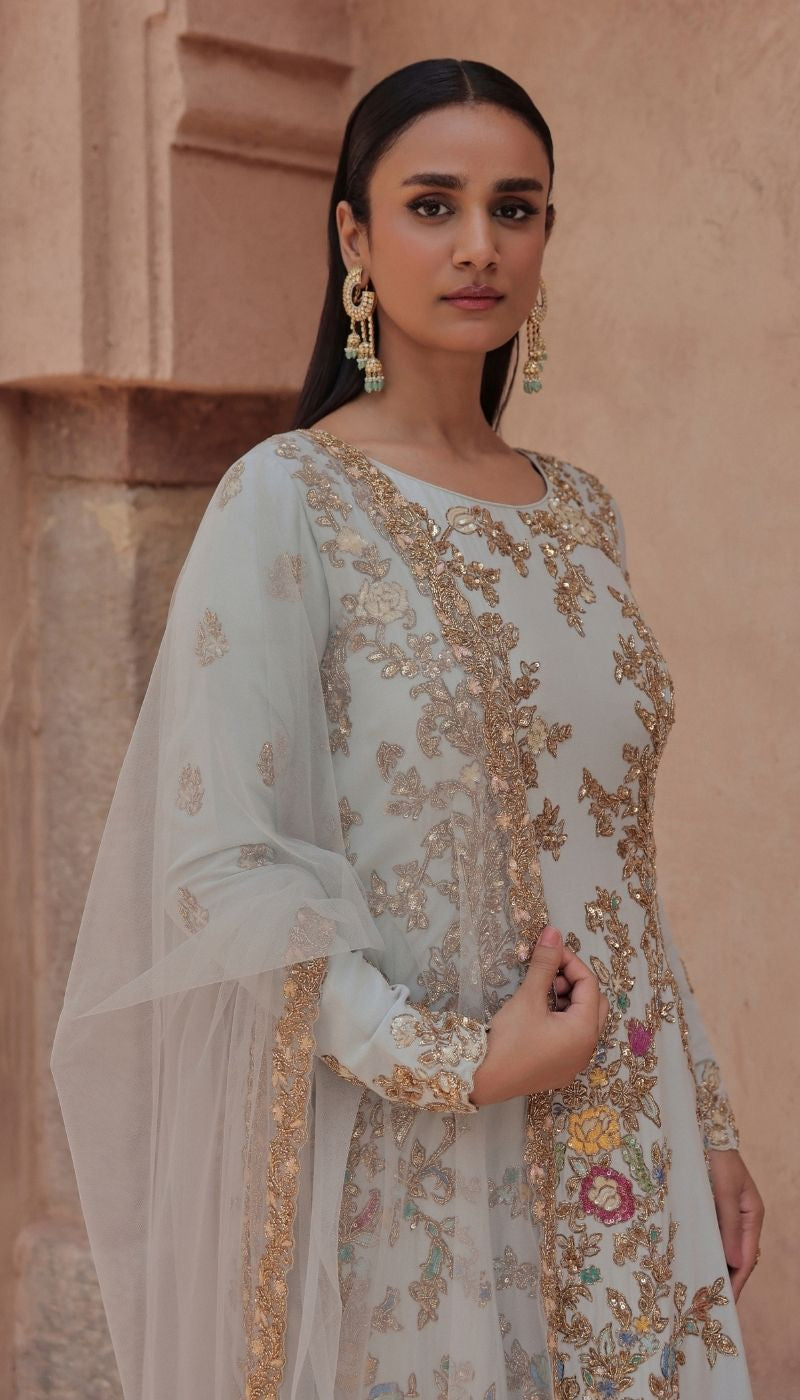 A Powder Blue Crepe Silk Kurta Set