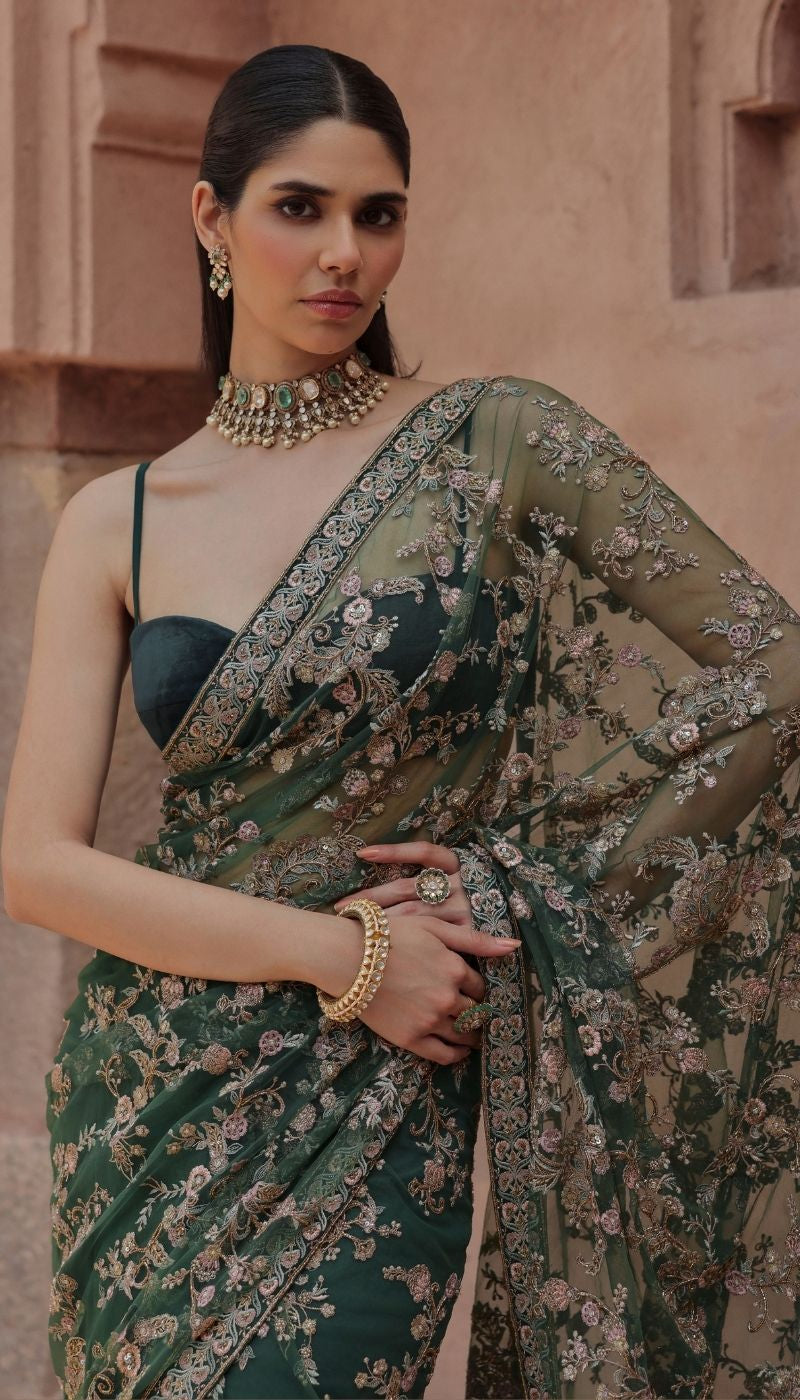 A Deep Forest Green Tulle Net Saree