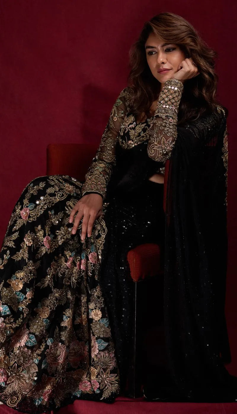 MRUNAL THAKUR IN THE LES FLEUR BLACK EMBRIODERED KALIDAR SAREE