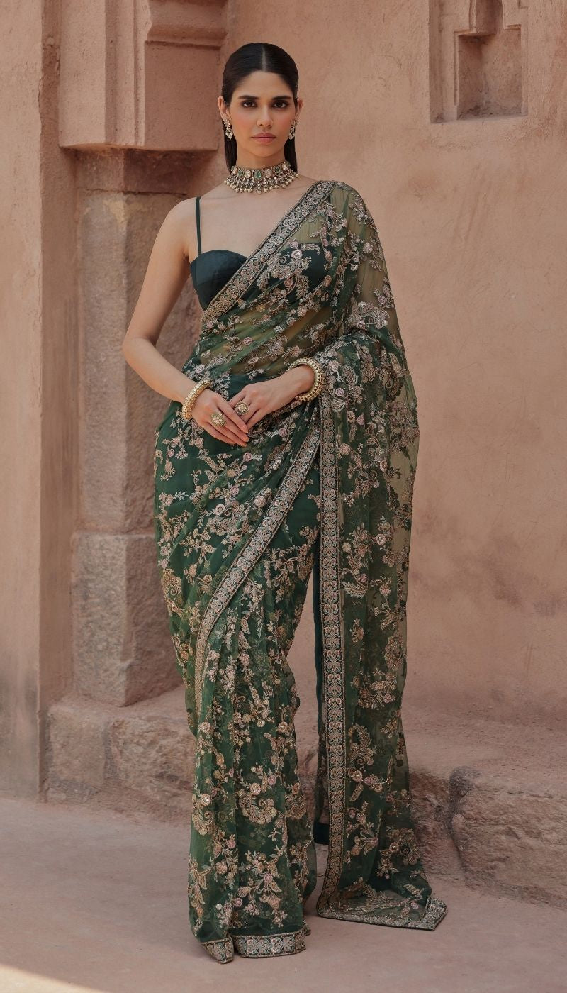 A Deep Forest Green Tulle Net Saree
