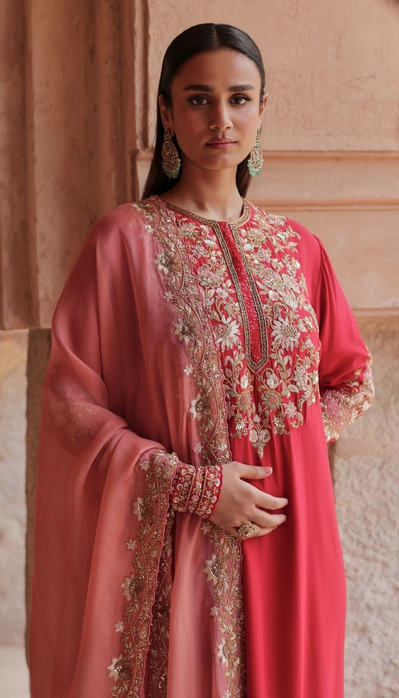 A Coral Red Crepe Silk Kurta Set