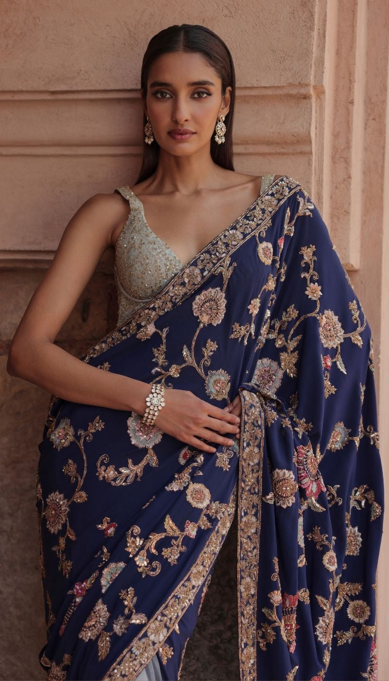 A Midnight Blue Crepe Silk Saree