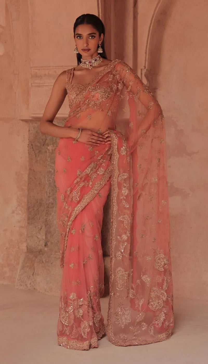 A Sunset Peach Tulle Net Saree