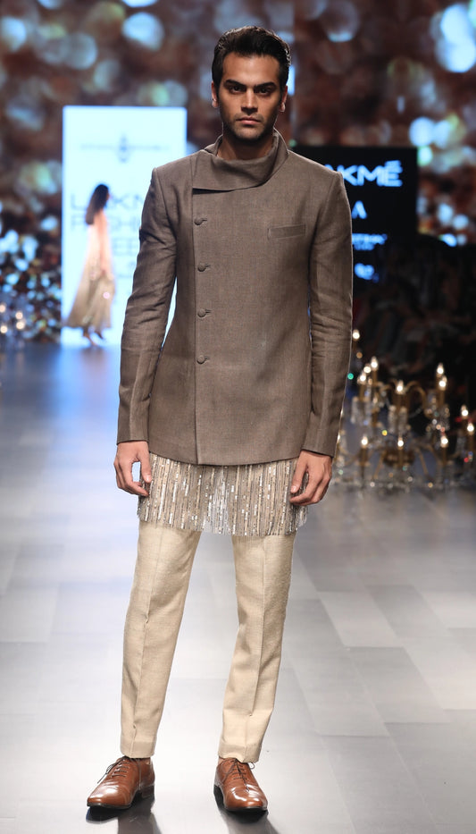 Linen Jacket with Sequin Tulle Kurta & Matka Trousers