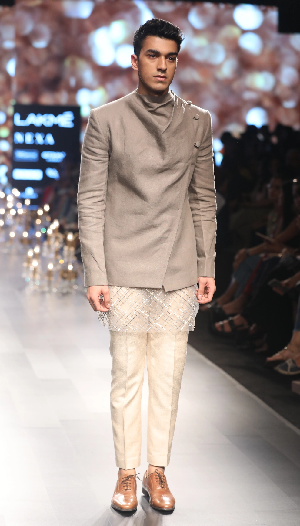 Drape Collar Linen Jacket with Sequin Tulle Kurta