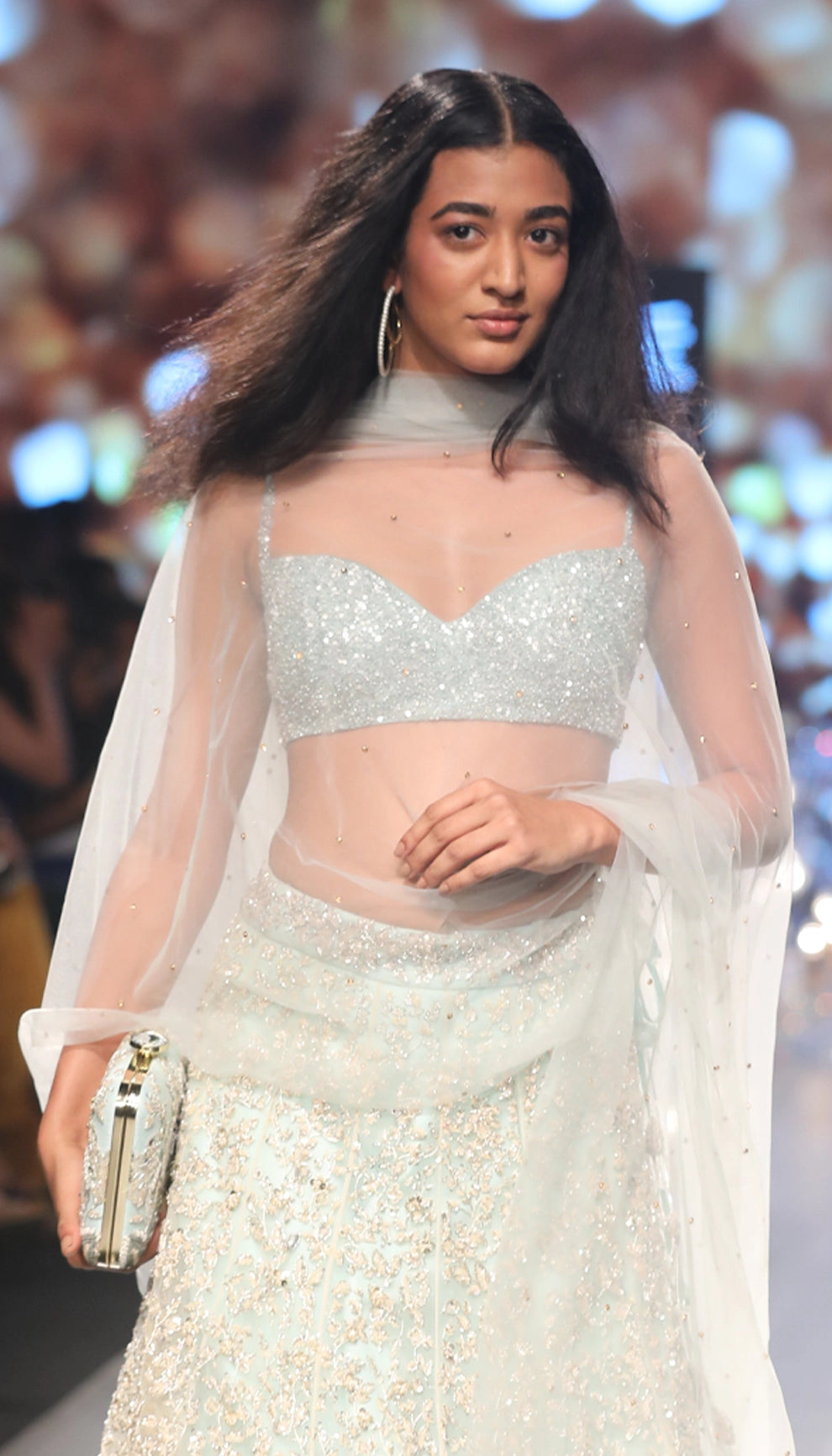 Sky Blue Paneled Tulle Lehenga