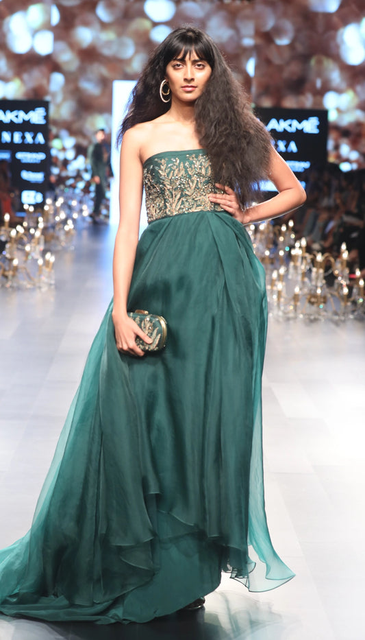 Flared emerald green organza gown