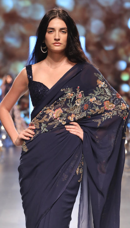 Midnight blue georgette saree