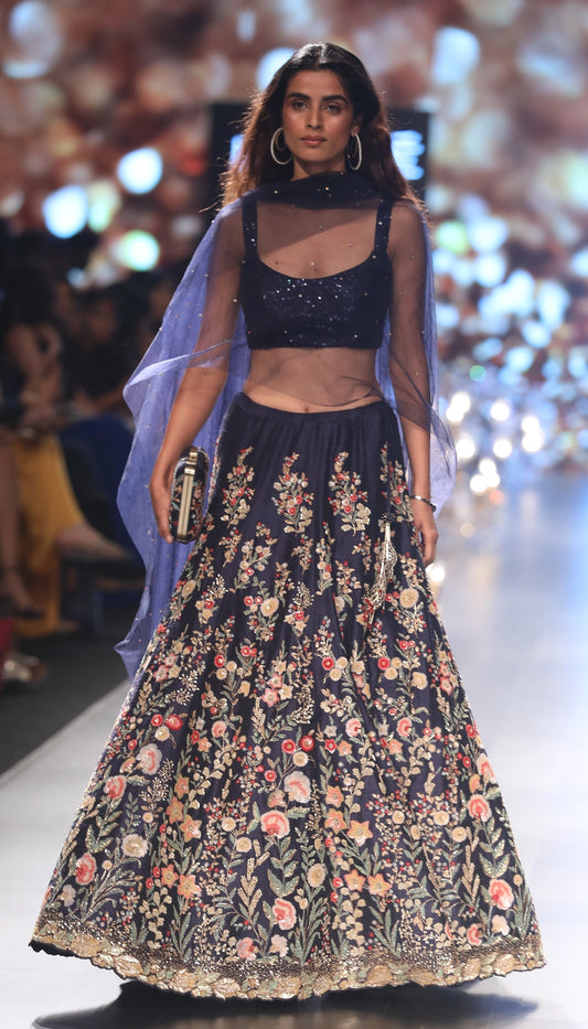 Midnight blue raw silk lehenga