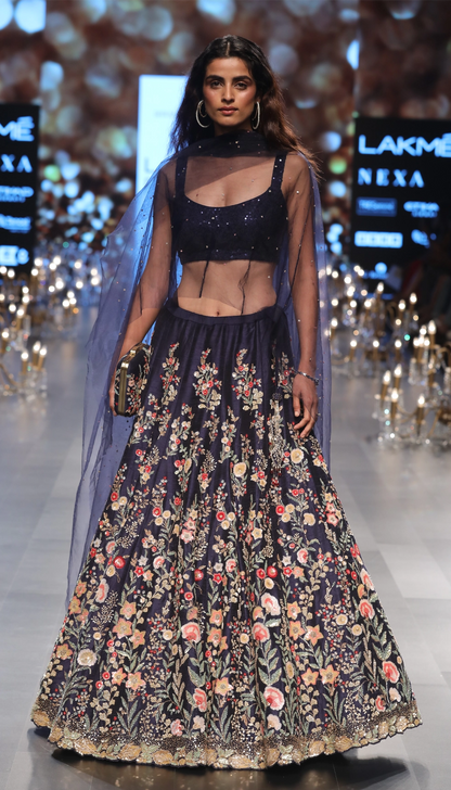 Midnight blue raw silk lehenga