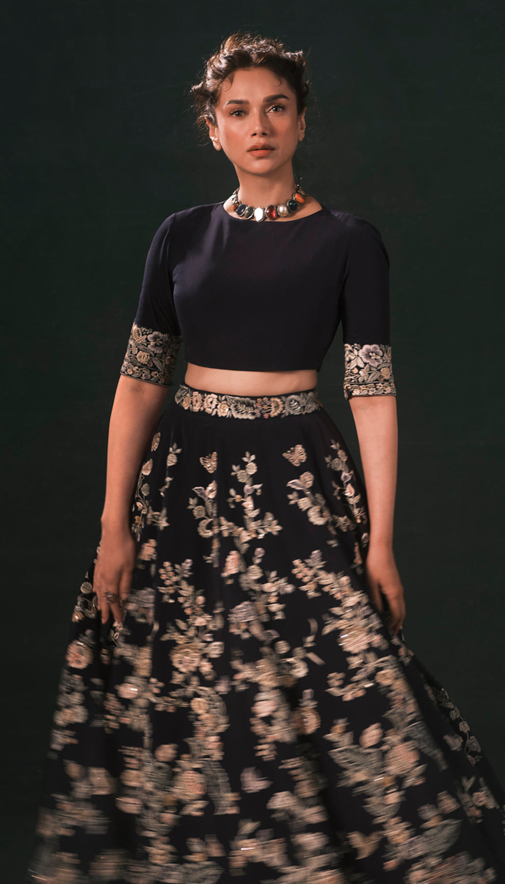 Aditi Rao Hydari in the spring bloom lehenga by shyamal & bhumika for the elle magazine