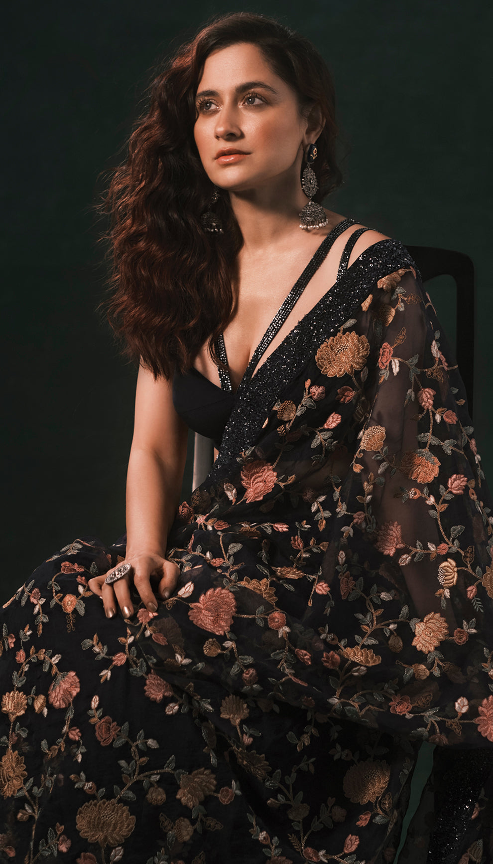 Sanjeeda Sheikh in the black Carnation Saree by shyamal & bhumika for the elle magazine