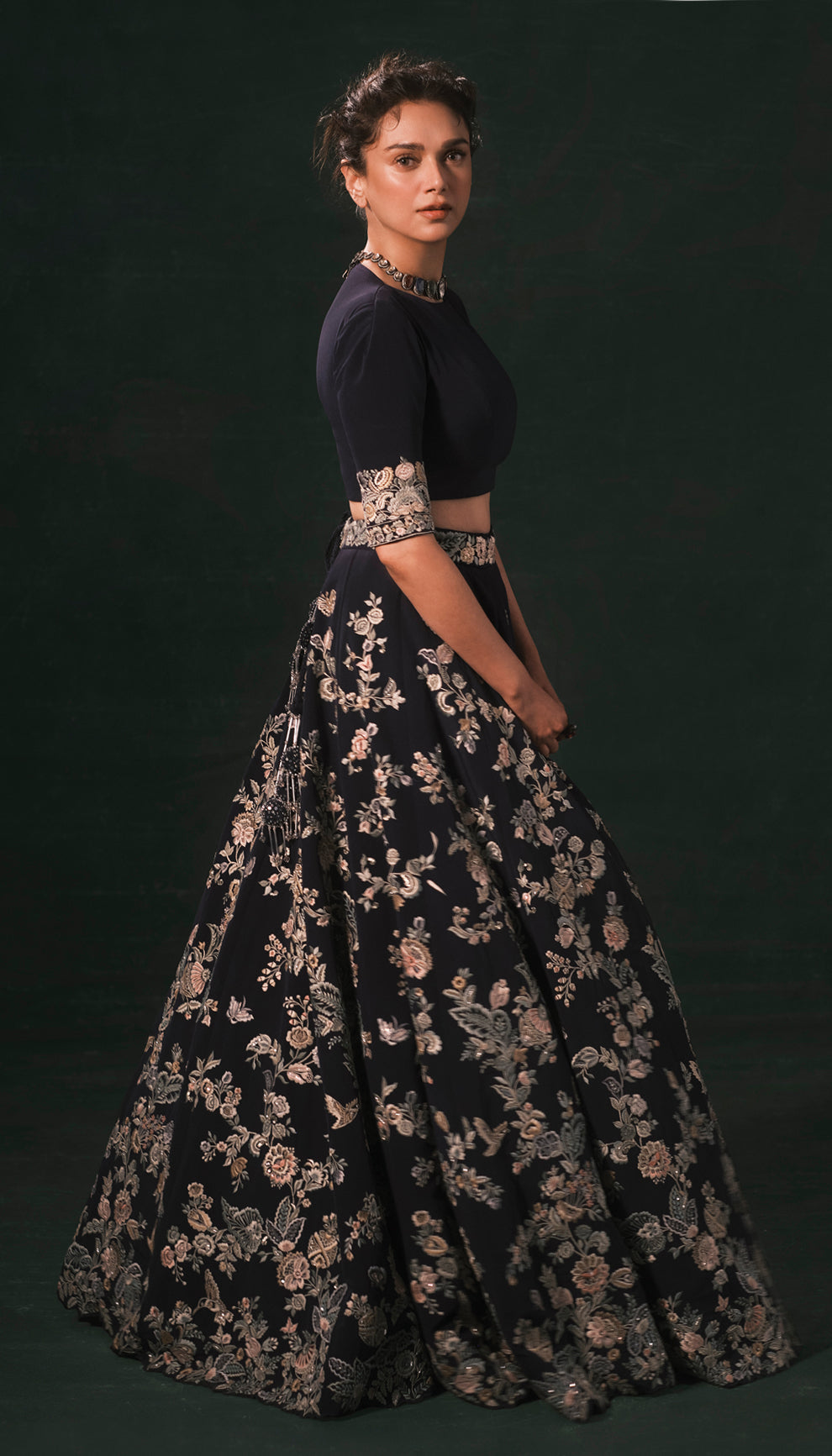 Aditi Rao Hydari in the spring bloom lehenga by shyamal & bhumika for the elle magazine