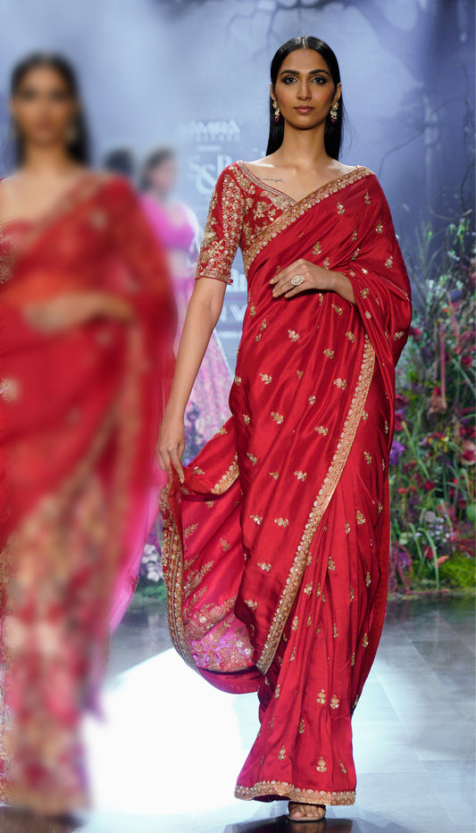 A Cherry Red Dupion Silk Saree
