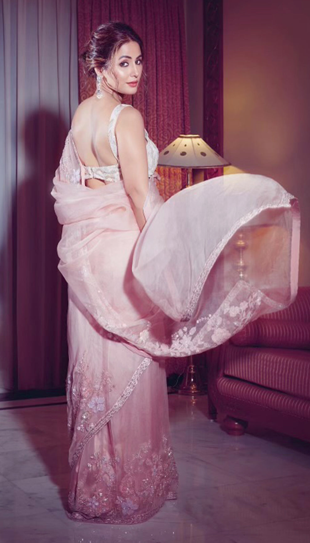 Hina Khan in powder pink organza saree by shyamal & bhumika