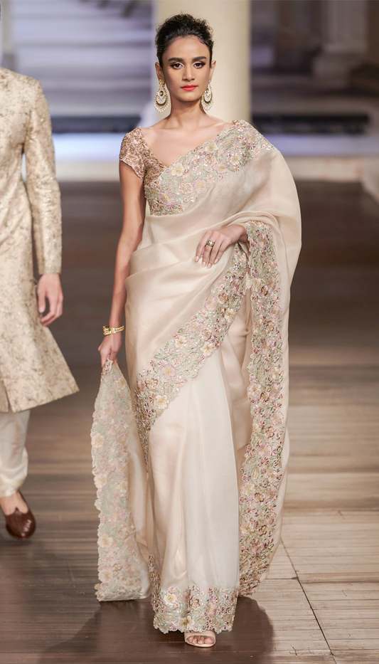 Muted Ivory Organza Saree with Vintage Floral Border