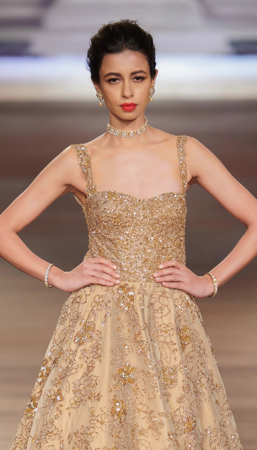 Champagne Tulle Gown with Gold Foil-Like Peeta Embroidery